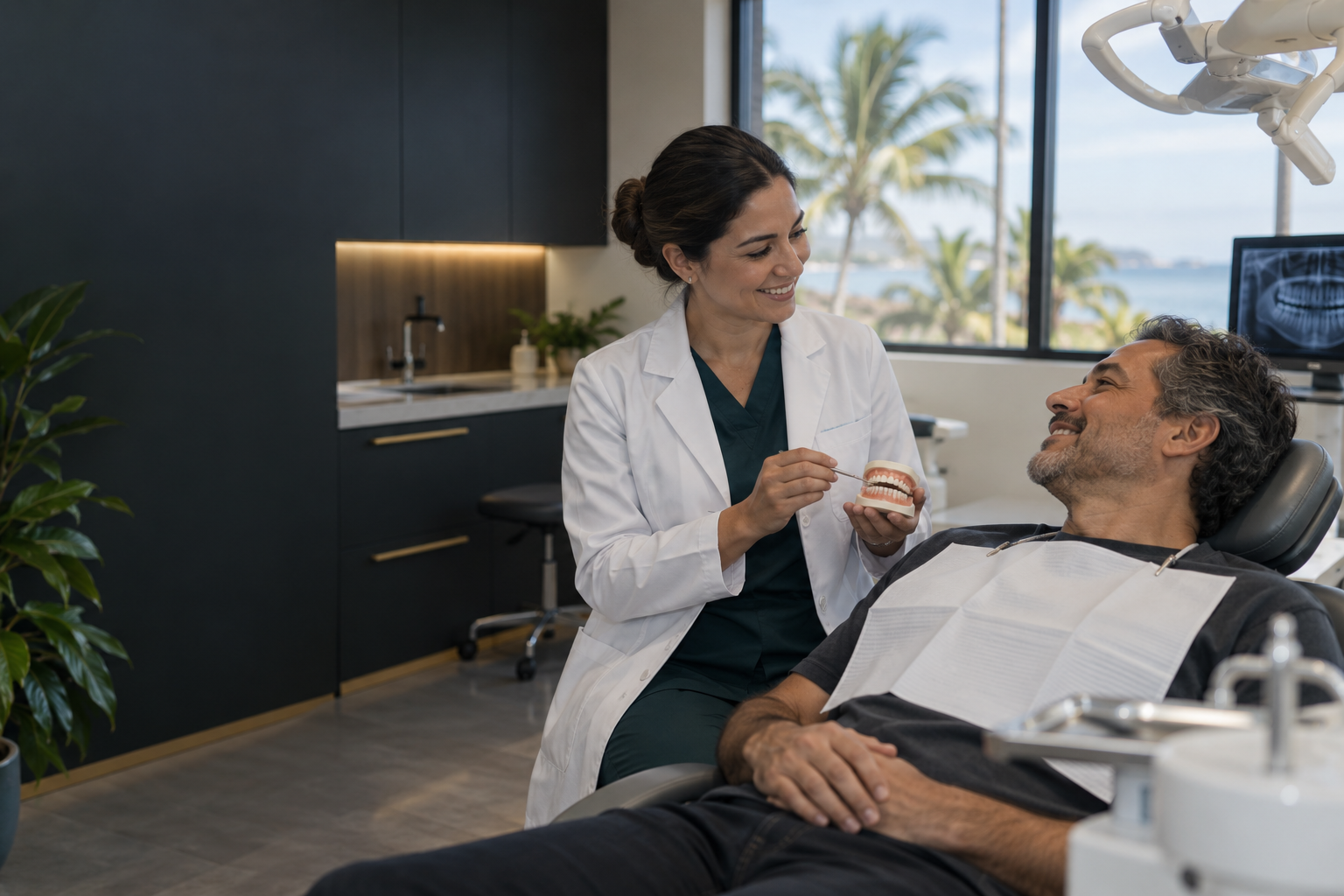 Profesional dental conversando con un paciente durante una consulta